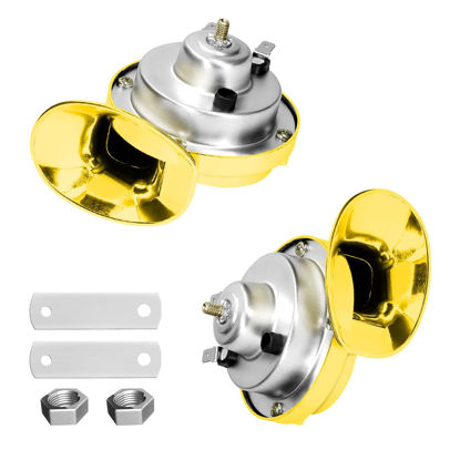 Picture of BLAU GRUN 2PCS 300DB Super Loud Train Horns, 12V Waterproof Air Horns Replacement Kit, Car Air Electric Snail Double Horn, Automotive Accessories Universal for Motorcycle, Truck, Bike, Boat (Gold)