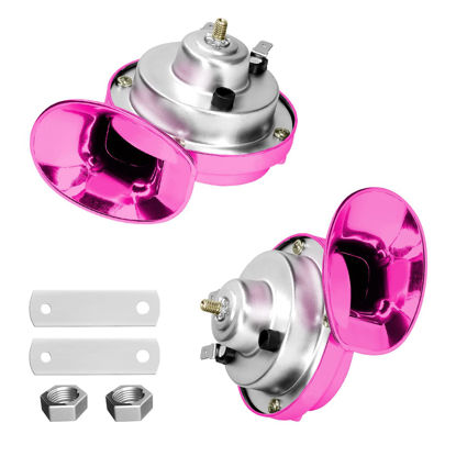 Picture of BLAU GRUN 2PCS 300DB Super Loud Train Horns, 12V Waterproof Air Horns Replacement Kit, Car Air Electric Snail Double Horn, Automotive Accessories Universal for Motorcycle, Truck, Bike, Boat (Pink)