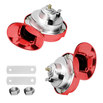 Picture of BLAU GRUN 2PCS 300DB Super Loud Train Horns, 12V Waterproof Air Horns Replacement Kit, Car Air Electric Snail Double Horn, Automotive Accessories Universal for Motorcycle, Truck, Bike, Boat (Wine Red)