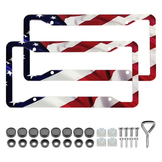 Picture of LIN KANG American Flag License Plate Frame Holder - 2 Pack Universal Aluminum Matte Stripe US Flag Gloss Patriotic Car Plate Frame Covers with Free Screws Fasteners Caps