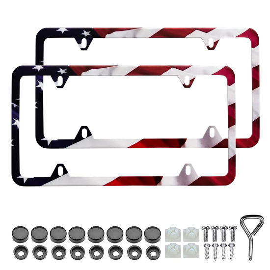 Picture of LIN KANG American Flag License Plate Frame Holder - 2 Pack Patriotic Universal Aluminum Matte Stripe US Flag Gloss Car Plate Frame Covers with 4 Holes and Screws Fasteners Caps