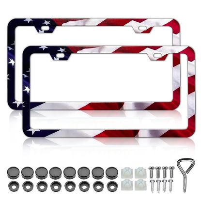 Picture of LIN KANG Patriotic American Flag License Plate Frame Holder - 2 Pack Universal Aluminum Matte Stripe US Flag Gloss Car Plate Frame Covers with 2 Holes and Screws Fasteners Caps