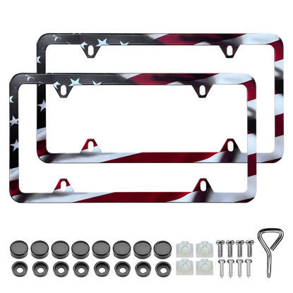 Picture of LIN KANG American Flag License Plate Frame Holder - 2 Pack Patriotic Universal Aluminum Matte Stripe US Flag Gloss Car Plate Frame Covers with 4 Holes and Screws Fasteners Caps
