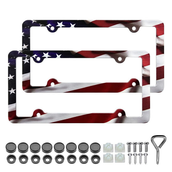 Picture of LIN KANG American Flag License Plate Frame Holder - 2 Pack Patriotic Universal Aluminum Matte Stripe US Flag Gloss Car Plate Frame Covers with 4 Holes and Screws Fasteners Caps