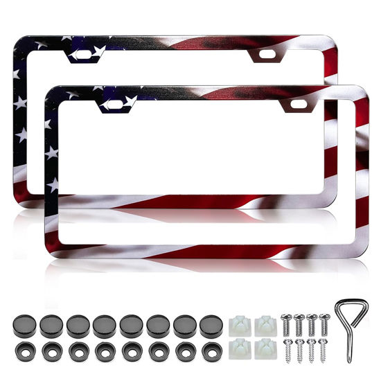 Picture of LIN KANG Patriotic American Flag License Plate Frame Holder - 2 Pack Universal Aluminum Matte Stripe US Flag Gloss Car Plate Frame Covers with 2 Holes and Screws Fasteners Caps