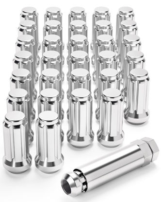 Picture of OMT M14x1.5 Wheel Lug Nuts 32 Pack, Chrome Lug Nuts 2 inches Tall Spline Drive Cone Seat with Socket Compatible with Ford F250 F350 Super Duty, Chevy Silverado 1500 2500HD and GMC Sierra