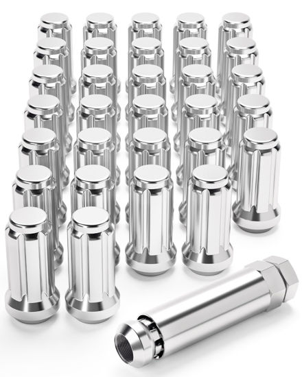 Picture of OMT M14x1.5 Wheel Lug Nuts 32 Pack, Chrome Lug Nuts 2 inches Tall Spline Drive Cone Seat with Socket Compatible with Ford F250 F350 Super Duty, Chevy Silverado 1500 2500HD and GMC Sierra