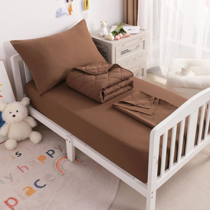 Picture of NTBAY Toddler Bedding Set - 4 Piece Soft and Breathable Crib Bedding Set for Boys and Girls, Includes Quilted Comforter, Fitted Sheet, Flat Top Sheet and Envelope Pillowcase, Brown