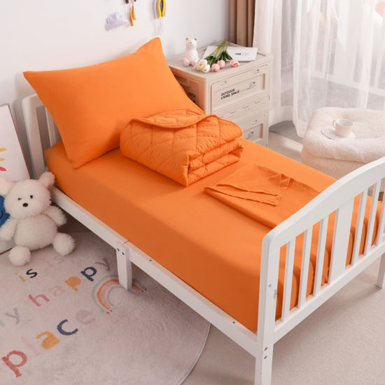 Picture of NTBAY Toddler Bedding Set - 4 Piece Soft and Breathable Crib Bedding Set for Boys and Girls, Includes Quilted Comforter, Fitted Sheet, Flat Top Sheet and Envelope Pillowcase, Orange