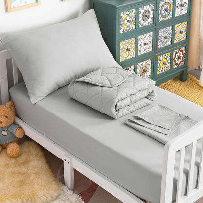 Picture of NTBAY Toddler Bedding Set - 4 Piece Soft and Breathable Crib Bedding Set for Boys and Girls, Includes Quilted Comforter, Fitted Sheet, Flat Top Sheet and Envelope Pillowcase, Light Grey