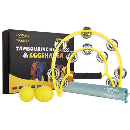 Picture of Glory Double Row Tambourine, Half Moon Double Row Metal Jingles Hand Held Instruments Percussion with Handle Grip, Tambourines for Adults, Party,Gift,Yellow