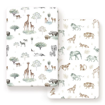 Picture of Stretchy Ultra Soft Jersey Knit Fitted Pack n Play Sheets Set 2 Pack, Portable/Mini Crib Sheets for Boys and Girls, Stylish Playard Sheets Fitted Safe and Snug, African Savannah Animals Pattern