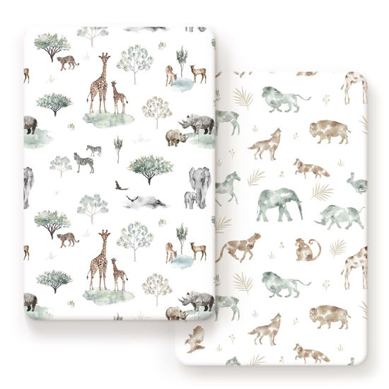 Picture of Stretchy Ultra Soft Jersey Knit Fitted Pack n Play Sheets Set 2 Pack, Portable/Mini Crib Sheets for Boys and Girls, Stylish Playard Sheets Fitted Safe and Snug, African Savannah Animals Pattern