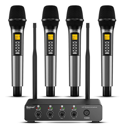 Picture of Bietrun 4 Channel Wireless Microphone with Echo/Treble/Bass, 160 ft UHF Range, 4 XLR+1/4‘’Output, Metal Cordless Handheld Dynamic Mics System for Wedding, Church, Karaoke, Singing, DJ(Auto Connect)