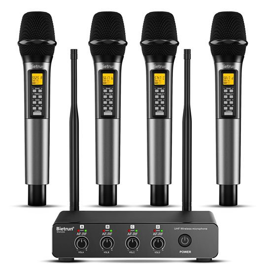 Picture of Bietrun 4 Channel Wireless Microphone with Echo/Treble/Bass, 160 ft UHF Range, 4 XLR+1/4‘’Output, Metal Cordless Handheld Dynamic Mics System for Wedding, Church, Karaoke, Singing, DJ(Auto Connect)