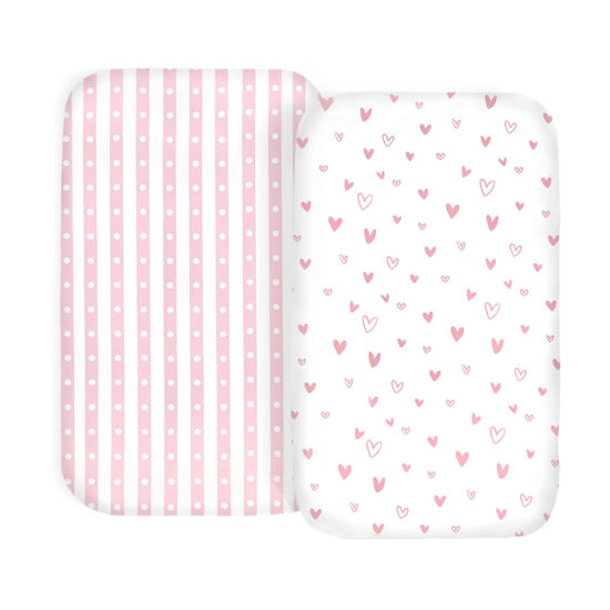 Picture of 100% Organic Cotton 2 Pk Bedside Sleeper Bassinet Fitted Mattress Sheets for Mika Micky, Baby Delight, Ronbei, Chicco, KoolerThings, Cloud Baby, AMKE, Angelbliss, Maxi-COSI, Arm's Reach, Plus. Girl