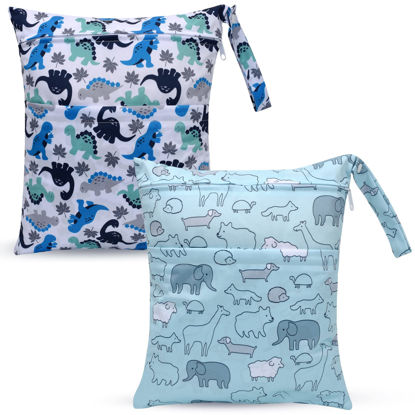 Picture of eaxin 2pcs Cloth Diaper Wet Dry Bags Waterproof Reusable with Two Zippered Pockets Travel Beach Pool Daycare Soiled Baby Items Yoga Gym Bag for Swimsuits or Wet Clothes-Cute Animal,Dinosaur