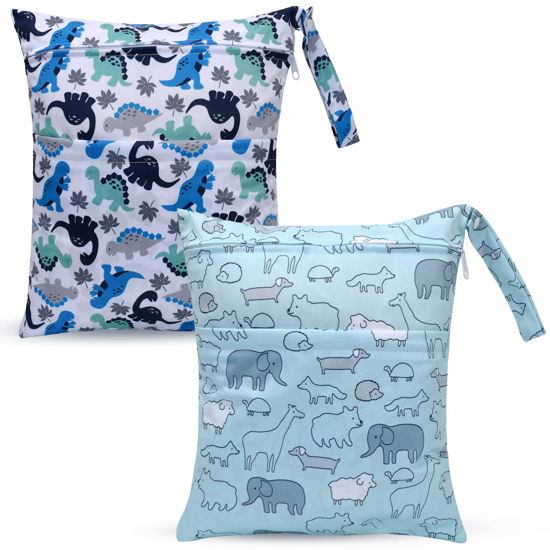 Picture of eaxin 2pcs Cloth Diaper Wet Dry Bags Waterproof Reusable with Two Zippered Pockets Travel Beach Pool Daycare Soiled Baby Items Yoga Gym Bag for Swimsuits or Wet Clothes-Cute Animal,Dinosaur
