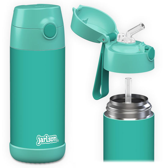 Picture of Jarlson® Charli Children's Stainless Steel Drinking Bottle with Straw - Thermos Flask 350 ml - TÜV Tested - BPA Free - Leak-Proof - Thermal Water Bottle for School, Nursery (Turquoise)