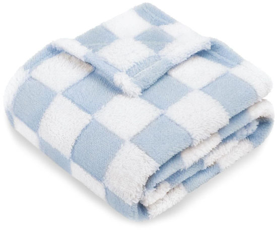 Picture of HOMRITAR Checkered Baby Blanket for Boys Girls Warm Cozy Reversible Checkerboard Toddlers Blanket, Fluffy Fuzzy Plush Lightweight Bed Blanket with Chessboard Grid Design 350GSM Baby Blue 30 x 40 Inch