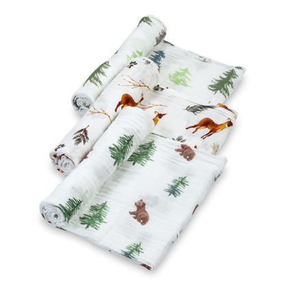 Picture of LollyBanks Swaddle Blanket | 100% Muslin Cotton | Newborn and Baby Nursery Essentials for Boys, Registry | Pine Tree Deer and Bear Forest Theme 3 Pack