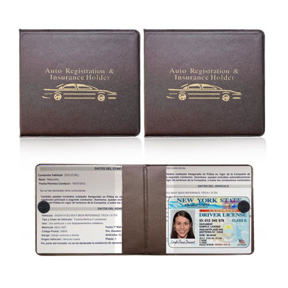 Picture of Ziciner Car Registration Insurance Holder, 2Pack Essential Auto Card Document Glove Box Organizer with Velcro Closure, Vehicle Interior Accessories Perfect for Most Car, Truck, SUV (Brown/Gold Words)