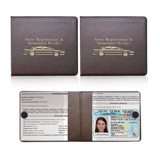 Picture of Ziciner Car Registration Insurance Holder, 2Pack Essential Auto Card Document Glove Box Organizer with Velcro Closure, Vehicle Interior Accessories Perfect for Most Car, Truck, SUV (Brown/Gold Words)