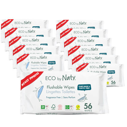 Picture of Eco by Naty Flushable Baby Wipes - Compostable and Plant-Based Wipes, Chemical-Free and Hypoallergenic Baby Wipes Safe for Baby Sensitive Skin, 56 Wipes Per Pack (12 Pk)