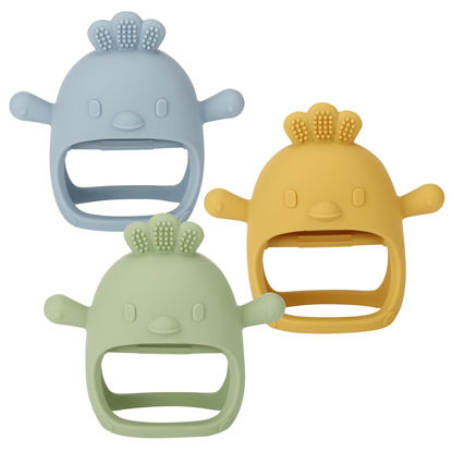 Picture of Socub 3 Pack Silicone Baby Teether Toys for Infants 3+ Months, BPA Free Anti-Drop Silicone Mitten Teething Toy for Soothing Sore Gums, Baby Chew Toys for Sucking Needs, Olive,Dusty Blue,Mango