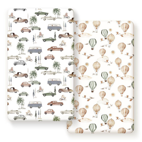 Picture of Stretch Ultra Soft Jersey Knit Fitted Crib Sheets Set 2 Pack，Fit All Standard Crib Mattress Pads Safe and Snug, Crib Fitted Sheet for Boys and Girls, Stylish Cars Print Kids Sheets for Boys