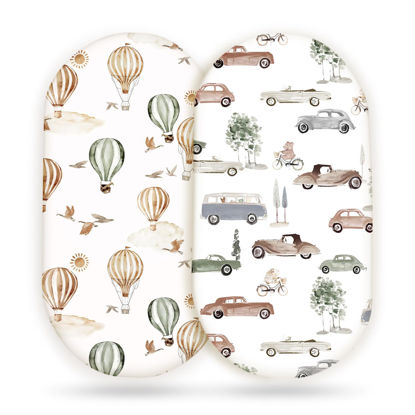 Picture of GRSSDER Stretchy Ultra Soft Fitted Bassinet Sheet Set 2 Pack, Universal Fitted for Bassinets Baby Cradle Moses Basket Oval Rectangle Mattress Safe and Snug, Neutral Pattern of Cars Print