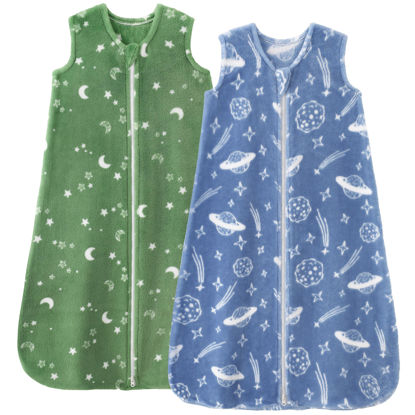 Picture of Unnivoll Fleece Baby Sleep Sack 0-6 Months 2.0 Tog Baby Wearable Blanket with 2-Way Zipper Warm Sleeping Sack for Toddler Infant Newborn - Small Blue Green Planet