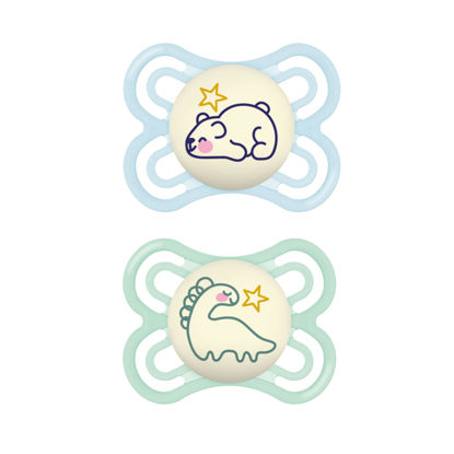 Picture of MAM Perfect Night Baby Pacifier, Patented Nipple, Glows in the Dark, 0-6 Months, Boy, 2 Count (Pack of 1)