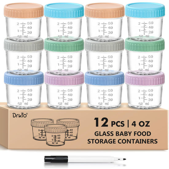 Picture of DRKIO 12 Pack Glass Baby Food Storage Containers - 4 Oz Baby Food Jars with Lids Baby Food Maker Microwave Dishwasher Freezer Safe 100% Leak Proof BPA Free Reusable