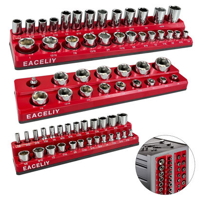 Picture of EACELIY 3Pcs 1/2", 1/4" and 3/8" Magnetic Socket Organizer Set,SAE Socket Holder Kit, Socket Trays，holds 68 Deep and Shallow 3/8" Sockets(sockets not included)