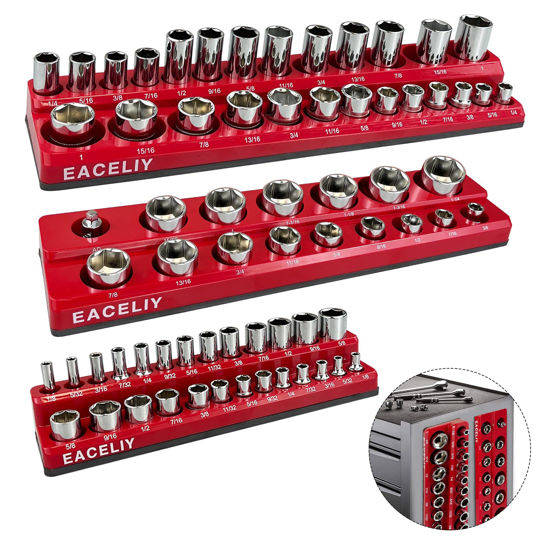 Picture of EACELIY 3Pcs 1/2", 1/4" and 3/8" Magnetic Socket Organizer Set,SAE Socket Holder Kit, Socket Trays，holds 68 Deep and Shallow 3/8" Sockets(sockets not included)