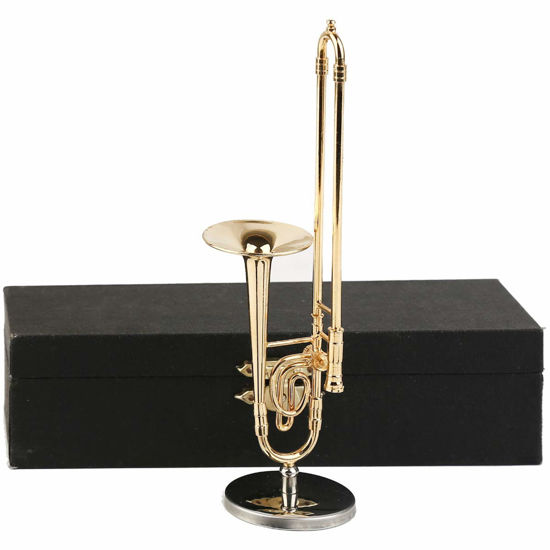 Picture of Seawoo Dselvgvu Copper Miniature Trombone with Stand and Case Mini Musical Instrument Miniature Replica Dollhouse Model Mini Trombone Home Ornament