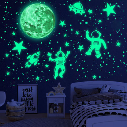 Picture of Glow in The Dark Stars for Ceiling Glow in The Dark Moon and Space Wall Decals Luminous Astronaut Universe Planet Galaxy Wall Stickers for Kids Boys Girls Bedroom Christmas Gift Green