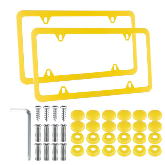 Picture of Alpmosn 2PCS Stainless Steel License Plate Frames, 4 Holes Car Licence Plate Covers with Screws Washers and Caps, Car Exterior Accessories, License Plate Holder for US Vehicles (yellow)