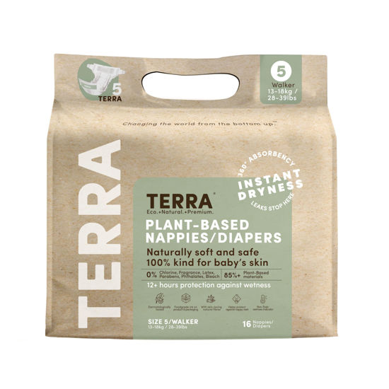 Picture of Terra Size 5 Diapers: 85% Plant-Based Diapers, Ultra-Soft & Chemical-Free for Sensitive Skin, Superior Absorbency for Day or Nighttime Diapers, Designed for Toddlers 28-39 Pounds, 16 Count