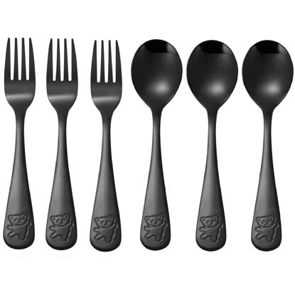 Picture of Pimoys 6 Pieces Kids Silverware Stainless Steel Toddler and Child Utensils, Childrens Safe Forks and Spoons Metal Cutlery Set, Engraved Bear, Black
