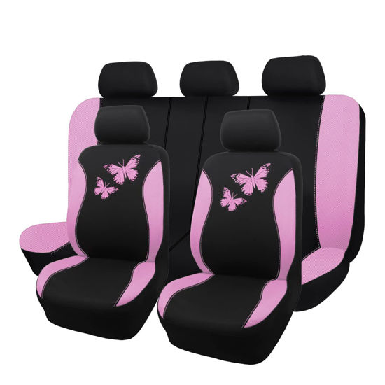 Picture of Flying Banner Butterfly car seat Covers ful Set Fashion Universal Lady Woman Female Rear Bench Split Colorized (Pink Black, Full Set)