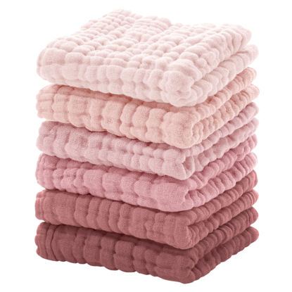 Picture of Looxii Muslin Baby Washcloths 6 Pack, 100% Cotton Baby Wash Cloths for Baby Face Body, 12x12 inches Large Soft Absorbent Face Towels for Newborns Gradient Pink