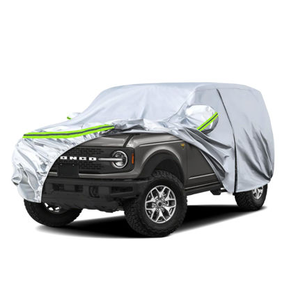 Picture of Waterproof Car Covers Replace for 2021-2024 Ford Bronco 4 Door, 6 Layers Silver All Weather Car Cover with Zipper Door & Windproof Bands for Snow Rain Dust Hail Protection