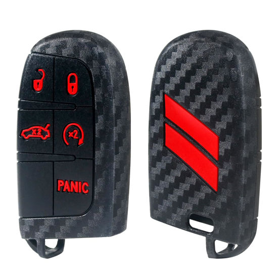 Picture of REMOCH Key Fob Cover for Dodge Accessories 5 Button Key Fob Case for Dodge Charger Challenger Dart Durango Journey Replacement Remote Control 3 4 5 Buttons Key Fob Shell (Carbon Fiber Red, 2PCS)