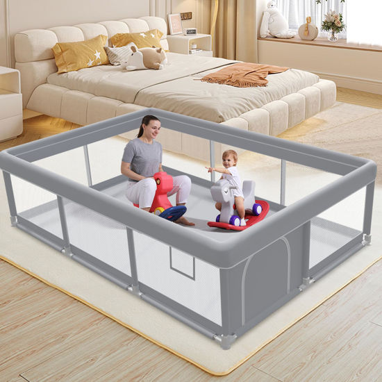 Picture of besuhot Extra Large Baby Playpen 74x 50 Inch Playpen for Babies and Toddlers with Anti-Slip Suckers and Zipper Gate, Safety Baby Activity Center for Indoor & Outdoor