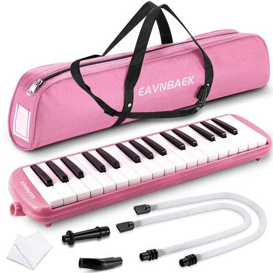 Picture of Eavnbaek 32 Keys Melodica Instrument, Soprano Melodica Air Piano Keyboard Pianica with 2 Soft Long Tubes, 2 Short Mouthpieces and Carrying Bag (Pink)
