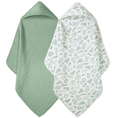 Picture of FIEMOL Baby Bath Towels, 100% Muslin Cotton Hooded Baby Towels for Newborn, Infant and Toddler, 2 Pack Soft and Absorbent Unisex Bath Essentials with Large 32x32Inch Size