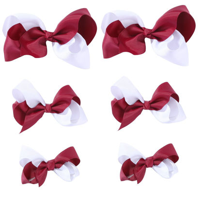 Picture of Maroon and White Bows for Girls,6PCS Hand-made Grosgrain Ribbon Hair Bows Alligator Clips Hair Accessories for Little Teen Toddler Girls Kids (Maroon/White)