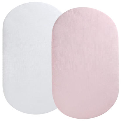 Picture of Muslin Bassinet Sheet Compatible with UPPAbaby Bassinet, 2 Pack Cotton Stylish Boho Fitted Bassinet Sheets Super Soft for Baby White & Pink